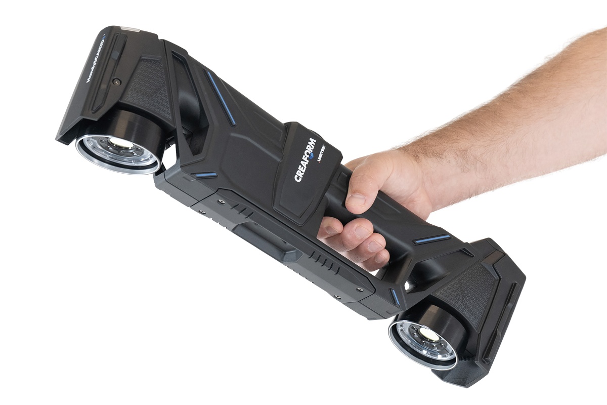 Creaform's HandySCAN MAX, held in one hand.